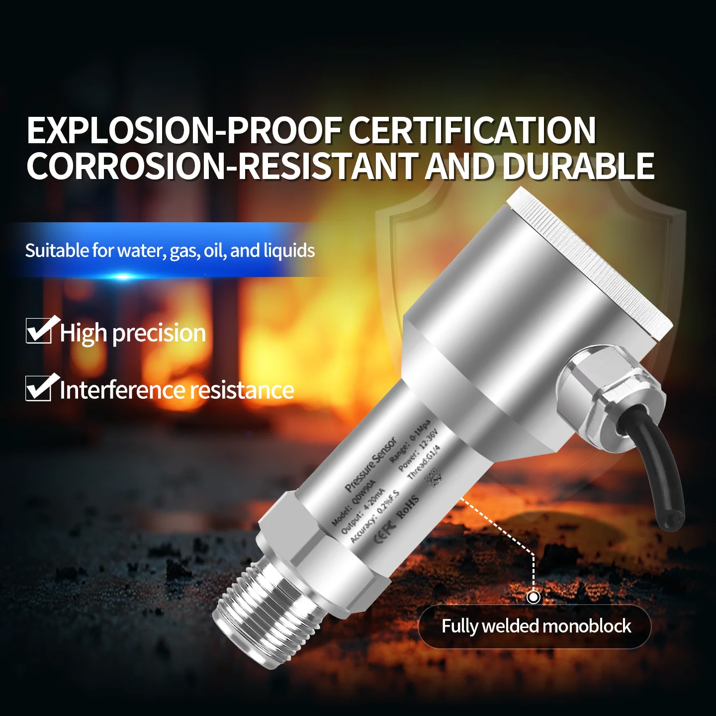 

Взрывозащищенный датчик давления с выходом 4-20 мА, 0-10 В, 10 бар, 20 бар, 200 бар, 12 В постоянного тока