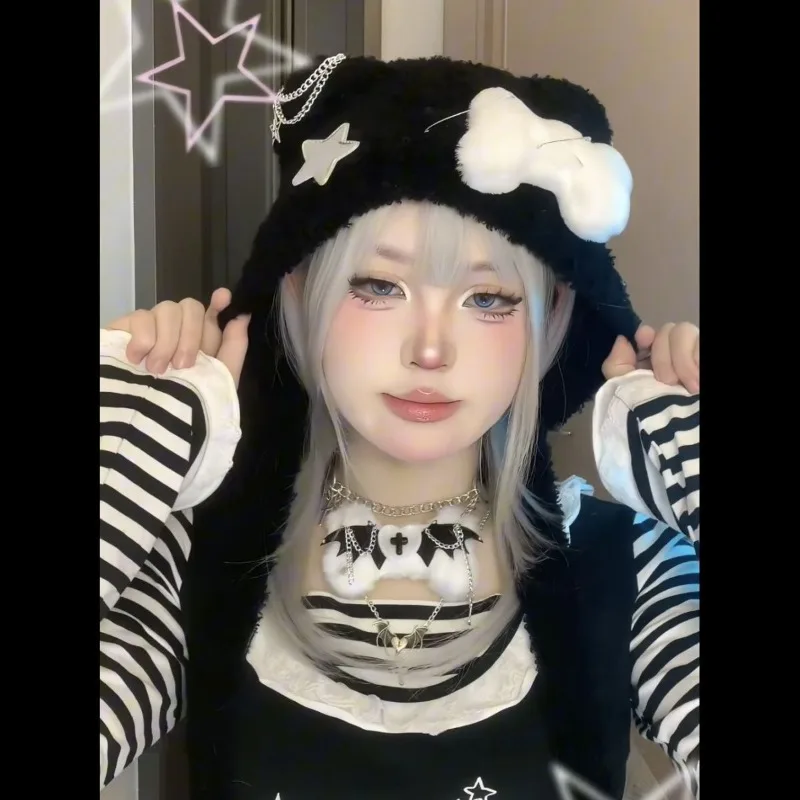 

Black Subculture Kawaii Bear Hat Cosplay Harajuku Style Stars Decal Women's Cute Caps