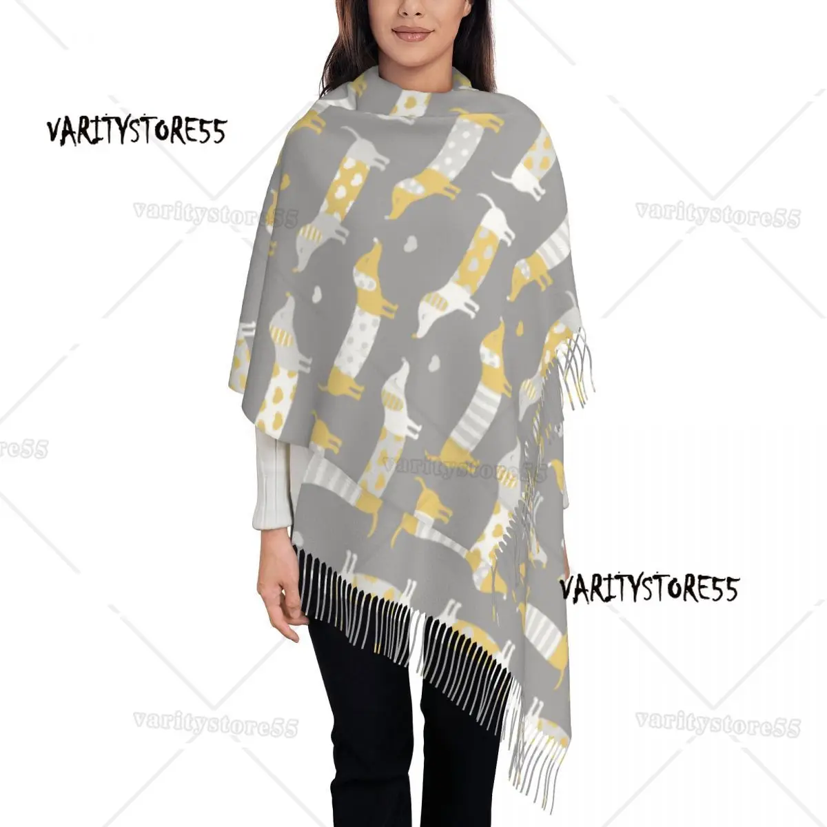 

Dachshund Dog Grey Shawl Wrap for Ladies Winter Warm Large Long Scarf Pashmina Tassel Scarves