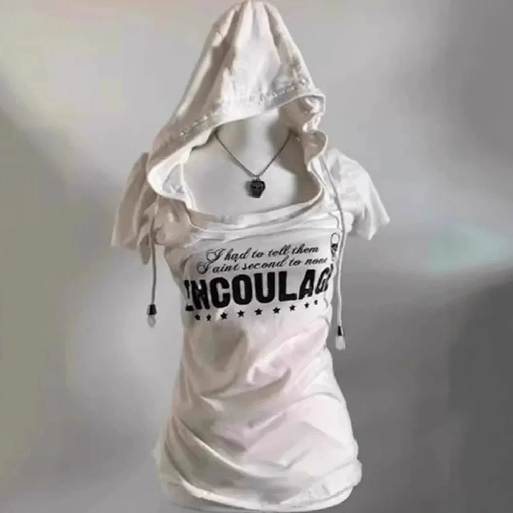 Goth Y2k American Vintage Hooded Short Sleeved Fake Two-piece T-shirt Grunge Girl Cut Top Women's Summer Shirts for Women Trendy