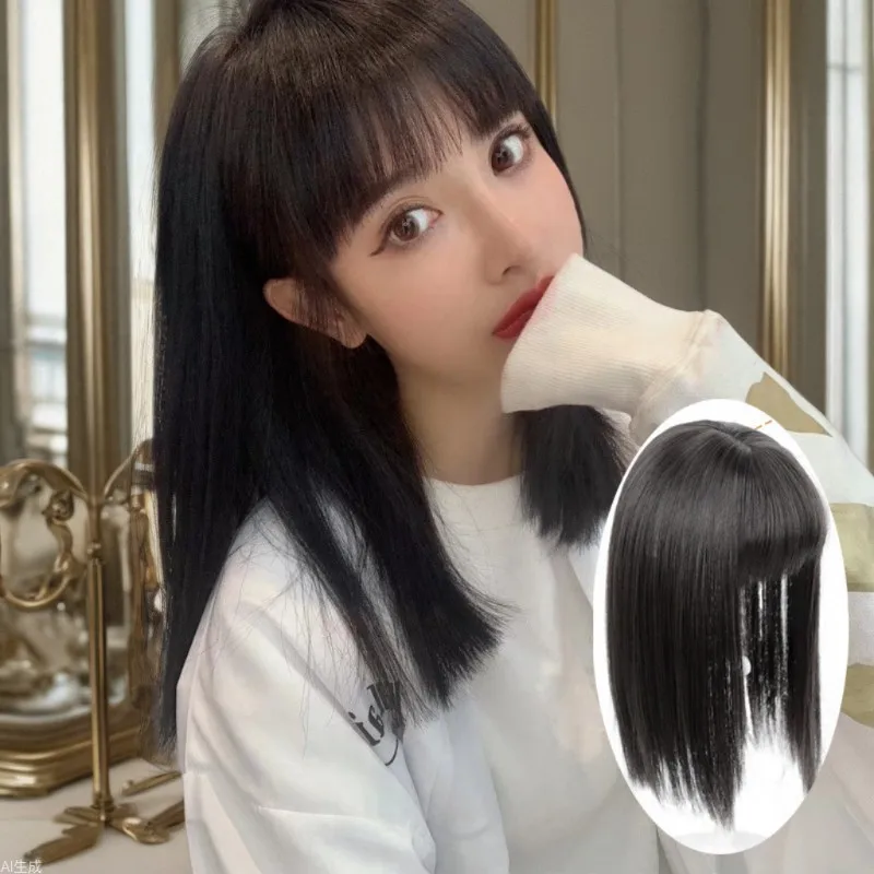 

Women's Long Straight Wig with Air Bangs Black Heat Resistant Synthetic Hair for Daily Wear