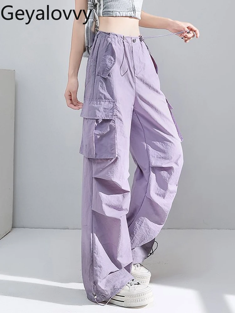 

Spring Autumn Thin Wrinkled Cargo Pants for Women Summer Drawstring Elastic Waist Loose Casual Sports Wide-Leg Trousers