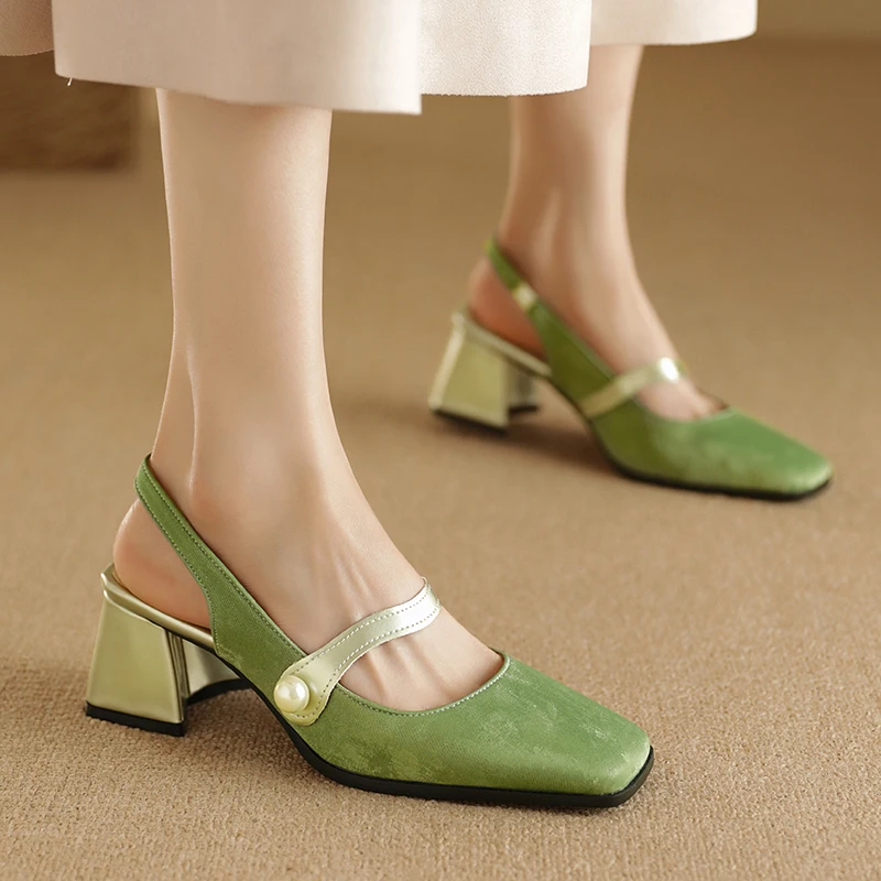 صنادل النساء صيف جديد ريترو عالية الكعب حزام اللؤلؤ موضة ساحة تو Slingback مضخات مكتب فستان الزفاف الأحذية الإناث