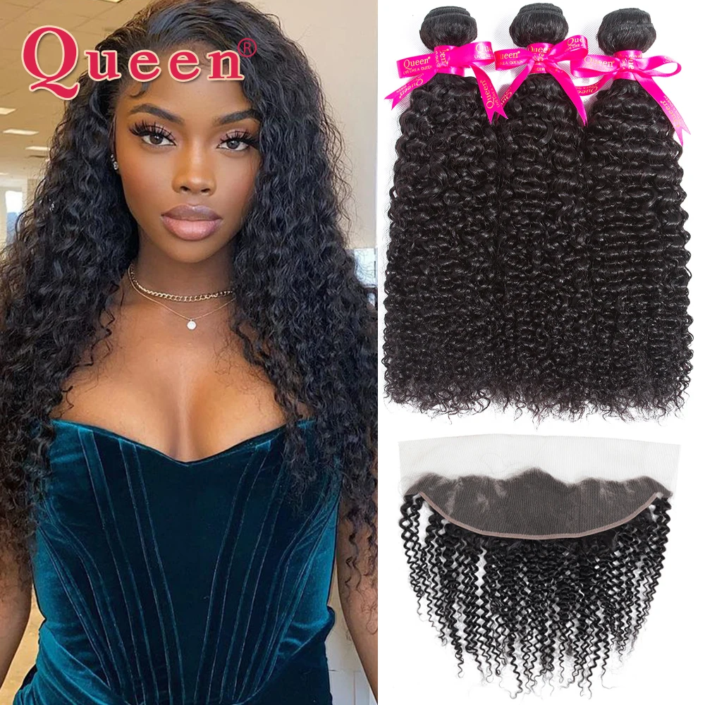 

Kinky Curly Bundles With Frontal Closure Malaysian 100%Remy Hair Human Hair Kinky Curly 3/4 Bundles With 13*4 Lace Frontal Queen