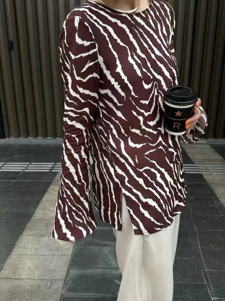 

Женский топ с круглым вырезом и зебровым принтом, винтажный, повседневный, приталенный, для весны и лета, с эффектом омоложения