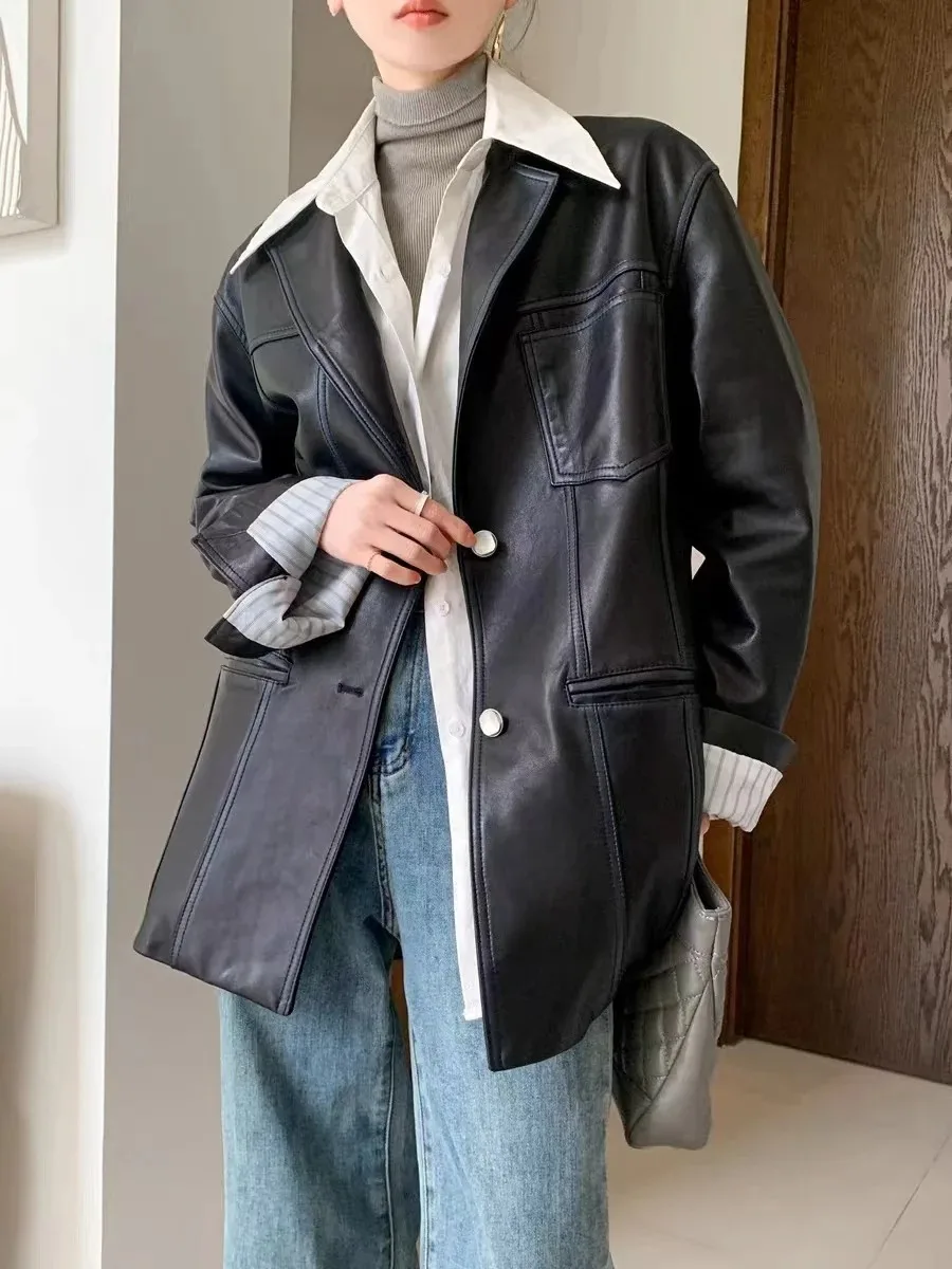 Autumn Women's Oversized Real Leather Belt Jacket Female 100% Sheepskin Retro Burgundy Broad Shoulder Suit Coat Streetwear Blaze