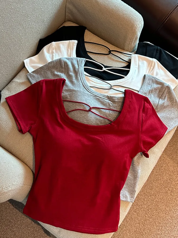 

Summer Sexy Backless Pure Color Tank Top Women's Short Sleeve T-Shirt with Chest Pad Hollow out Design Beautiful Back Sense Top