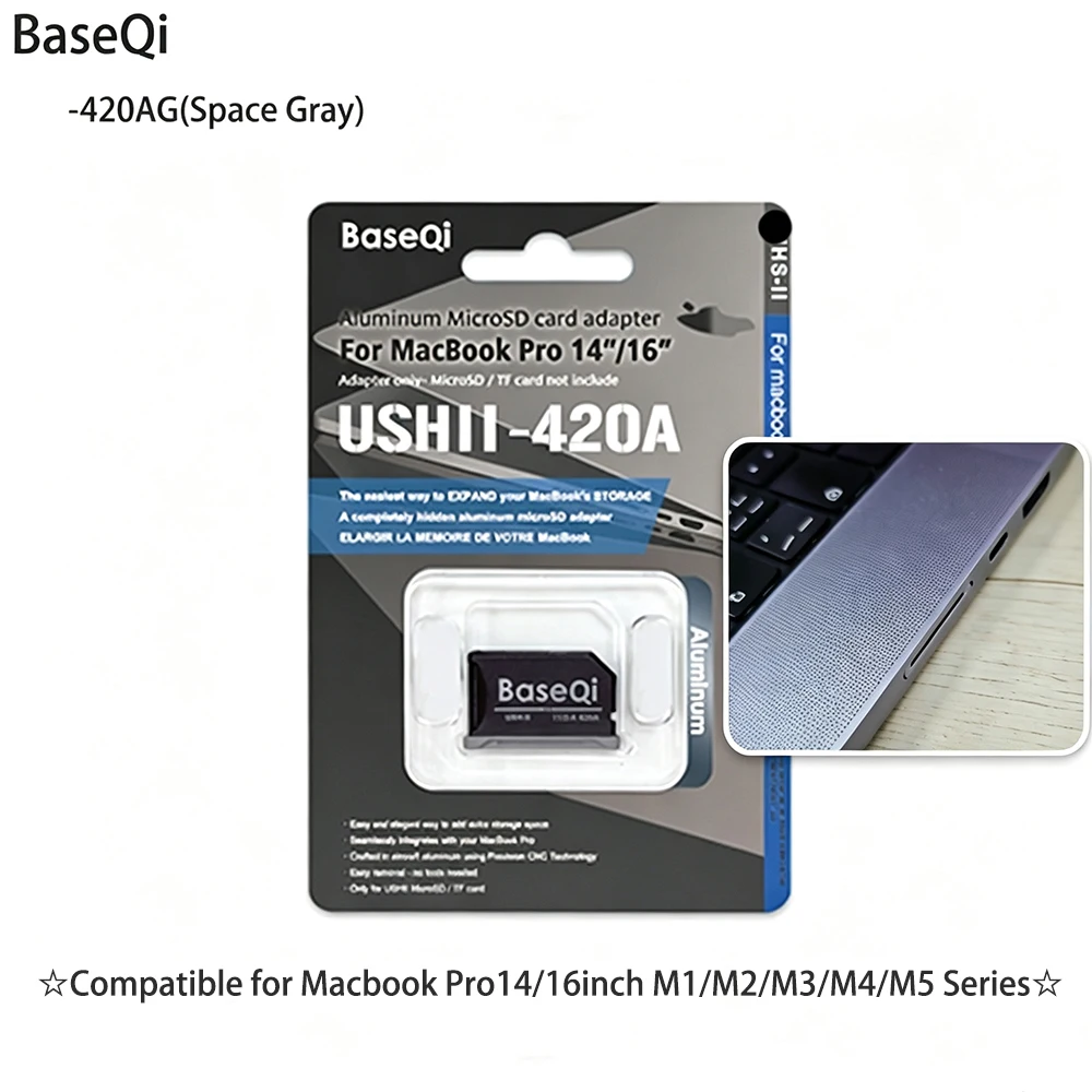 BaseQi For MacBook Pro14inch 16inch Year 2021-2026 Micro SD Card Adapter 420AG Aluminum Reader Space Gray Color Increase Storage
