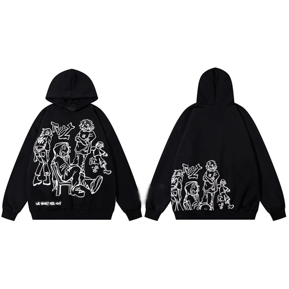 2023 Men Streetwear Pink Hoodie Sweatshirt Funny Cartoon Graphic Hoodie Autumn Harajuku Anime Hooded Pullover Hip Hop Hipster