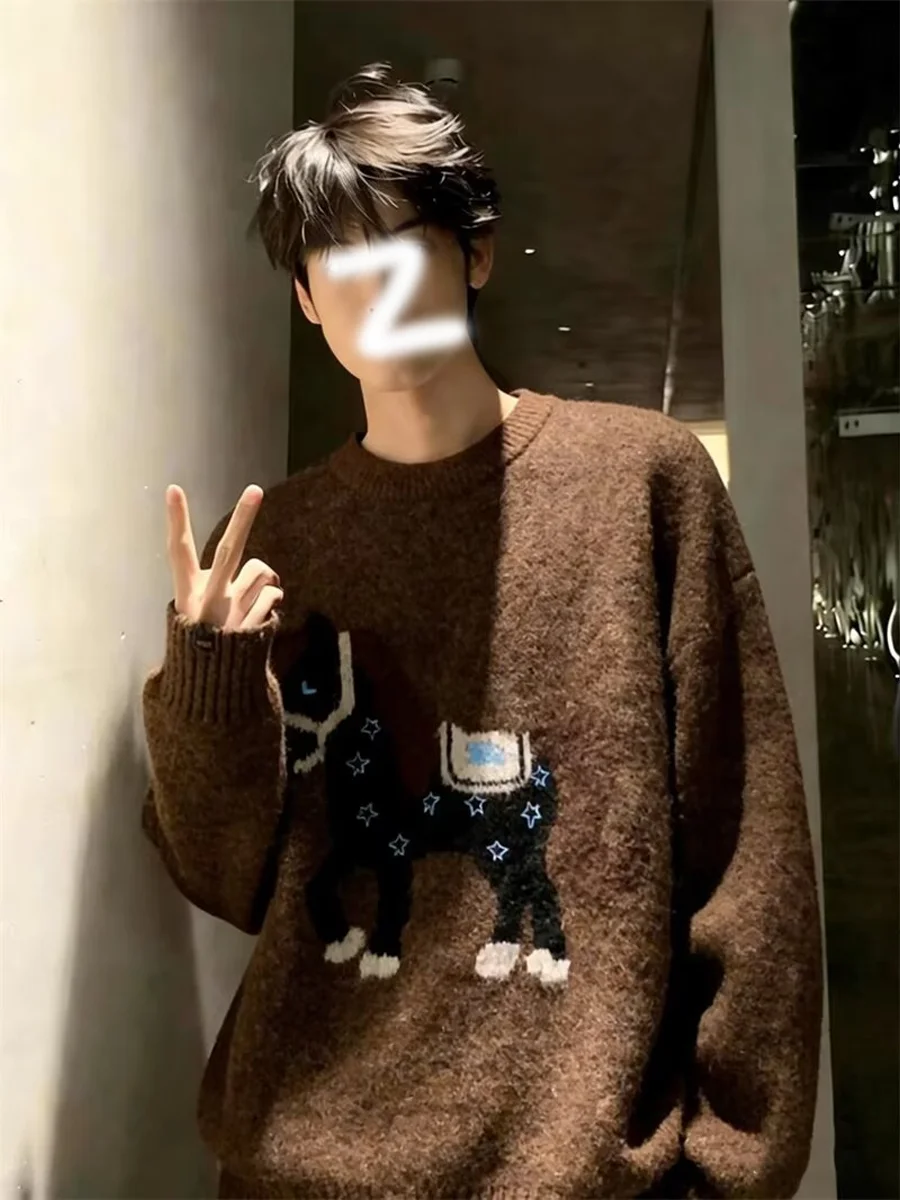 

Американский вязаный свитер свободного кроя с круглым вырезом, унисекс, для зимы, повседневный, мягкий, средней толщины, с длинными рукавами