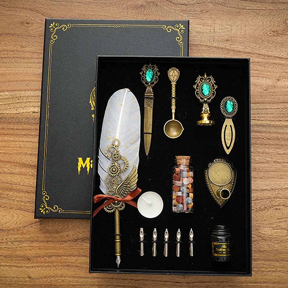 Vintage Feather Pen and Ink Set Fancy Metal Quill Pen with Gear Decorative with Pen Stand Base/10ml Ink/ Wax Beads/Nibs for Kids