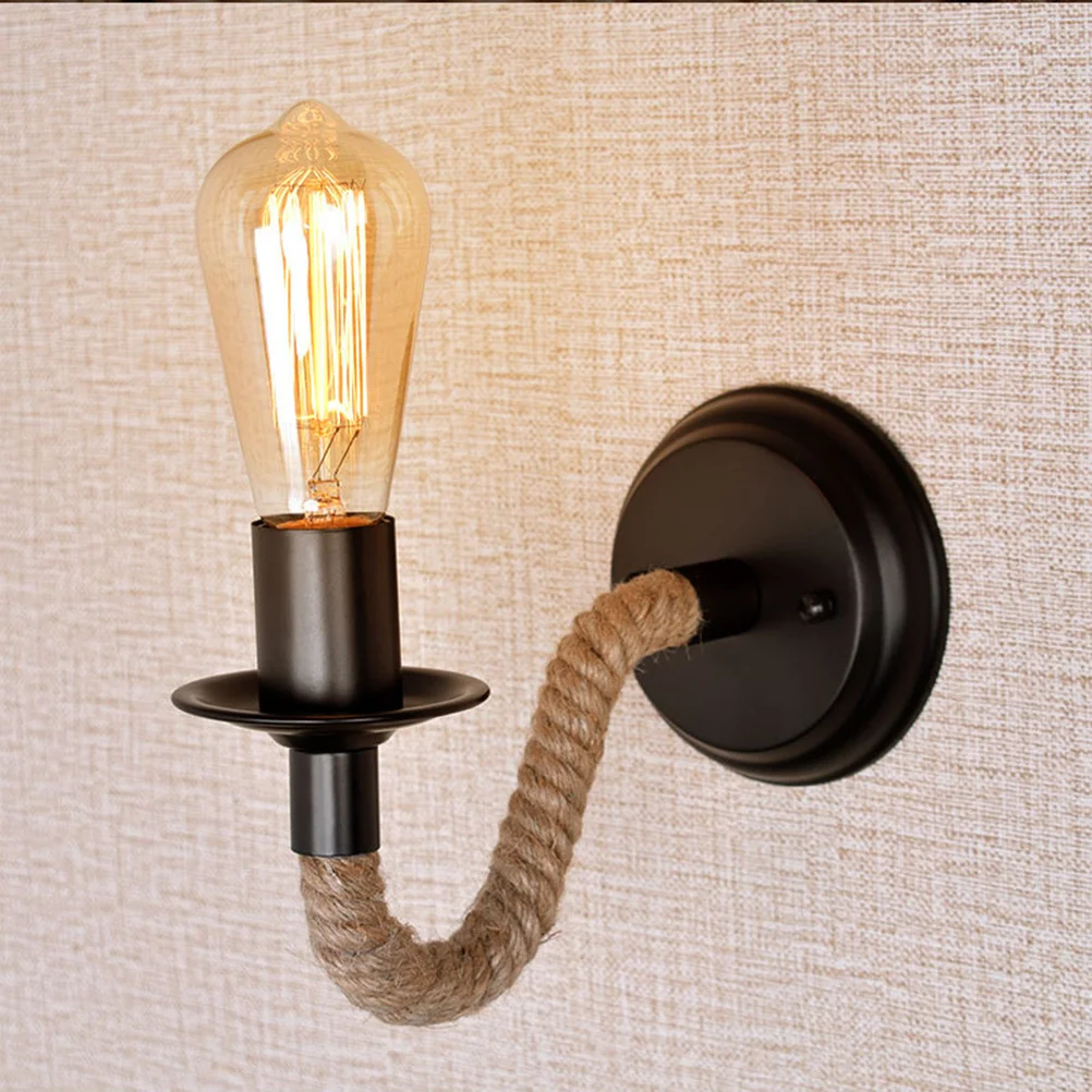 

Retro Jute Rope Wall Lamp 220V E27 Iron Art Chassis Industrial Sconce For Aisle Bedroom Dining Room Bar Rope Bed Light