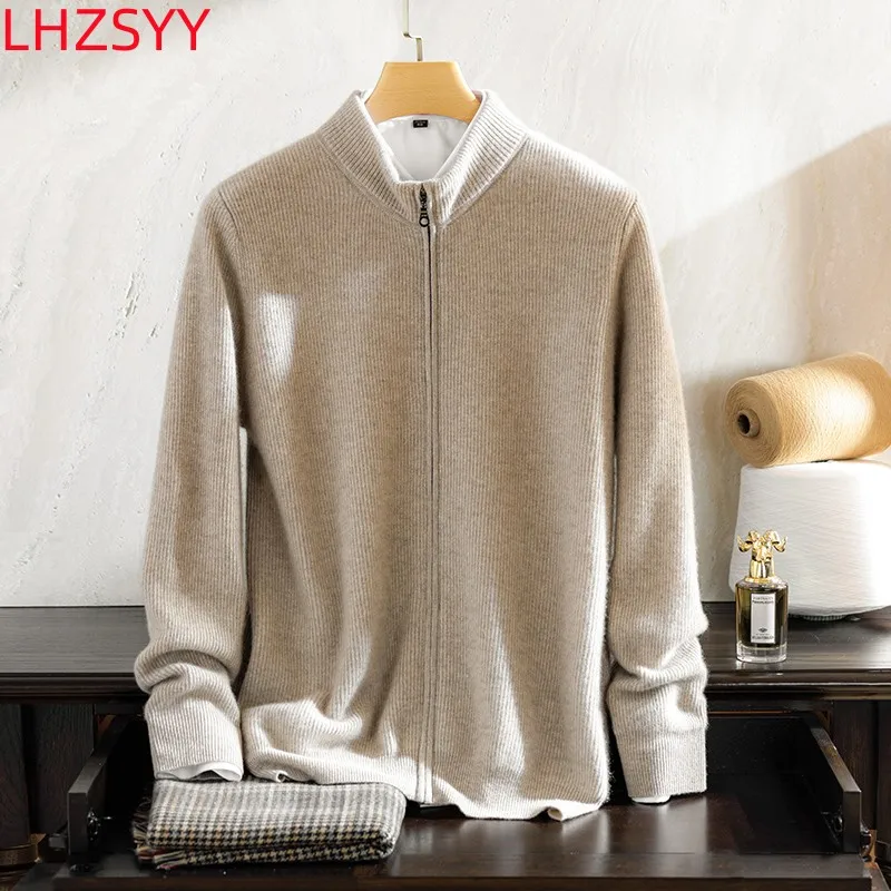 LHZSYY Men\'s 100% Pure Cashmere Knit Cardigan Young/Middle-aged High-End Tops Stand Collar Loose Zipper Jacket Warm Sweater Coat