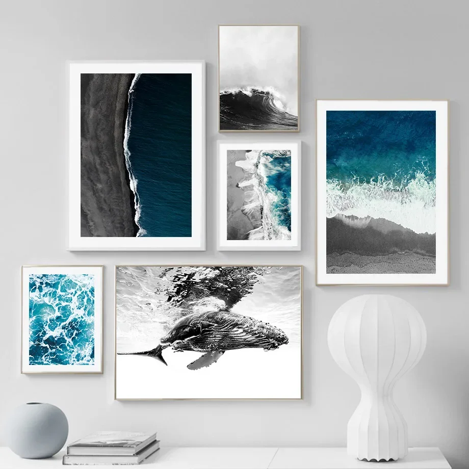 Canvas Painting Nordic Posters And Prints Blue Sea Black White Wave Beach Whale Wall Art Wall Pictures For Living Room Decor