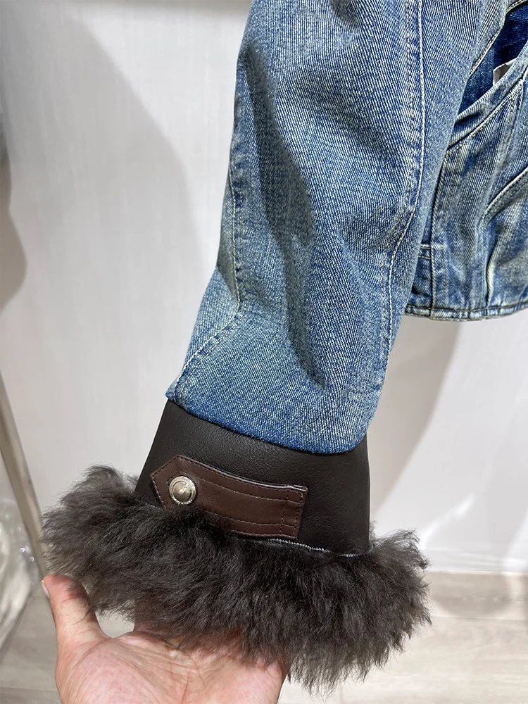 秋冬新作 レディース ホワイトグースダウンコート 天然本革ラムシープファー襟 アウター 高級女性用デニム パフジャケット