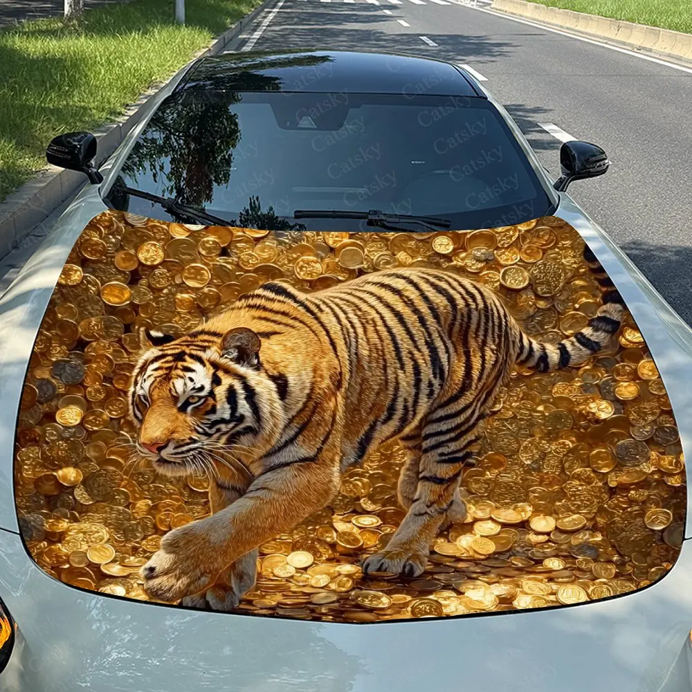 Golden Striped Tiger Car Hood Sticker, Splash Proof PVC, Easy To Disassemble, Waterproof And Scratch Resistant, Self-adhesive, H