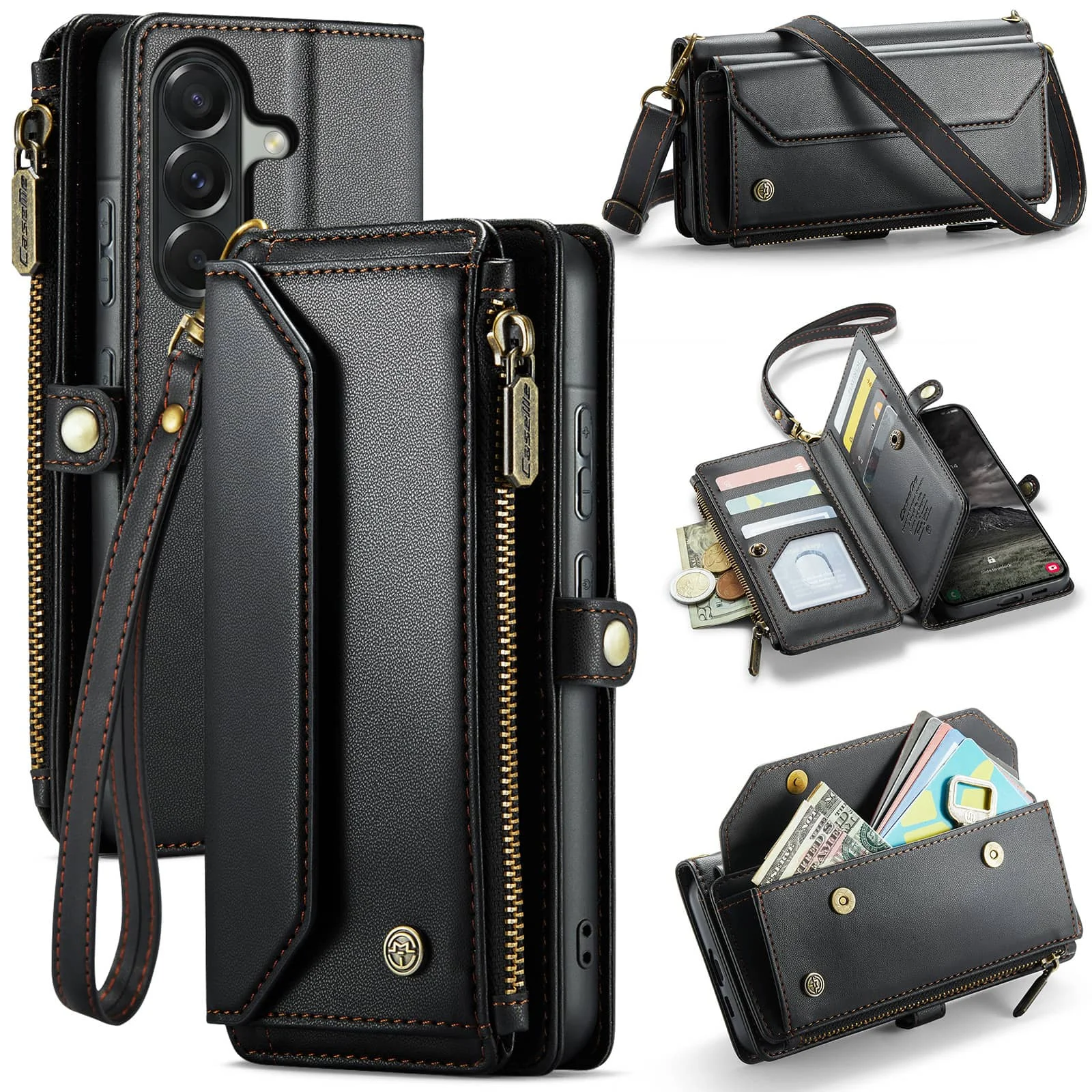 

Crossbody for Samsung Galaxy A37 A57 Leather Wallet Case RFID Blocking 10 Card Holder Zipper Pocket Magnetic Flip Wristlet Strap
