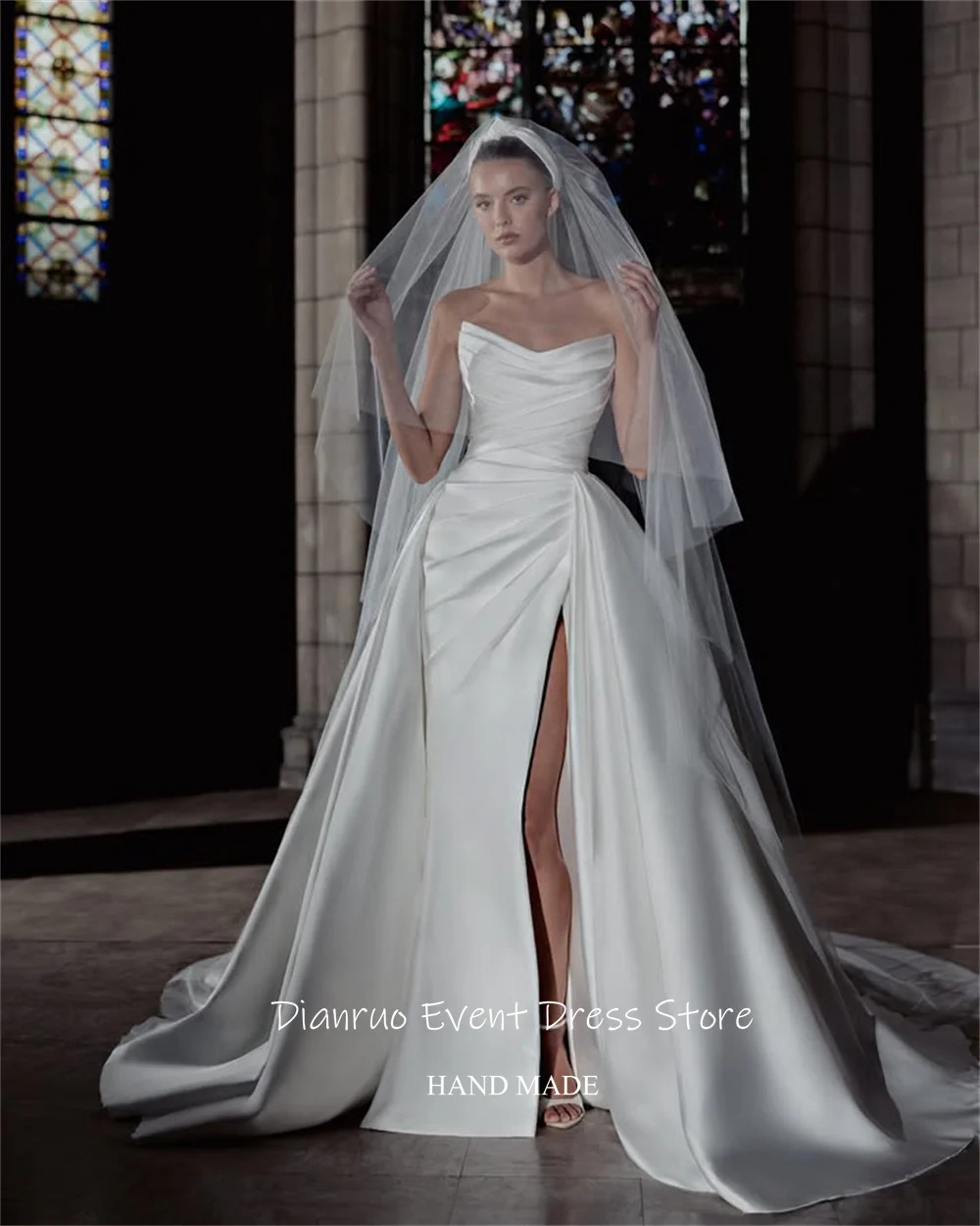 Dianruo Gaun Pengantin Satin Formal Gaun Pengantin Romantis Belahan Tinggi Tanpa Tali Gaun Pengantin Tanpa Bahu Vestido Noiva Princesa Disesuaikan