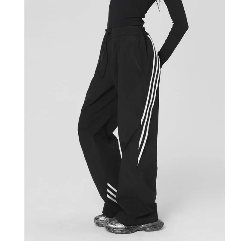 Vintage American Style Wide-leg Black Striped Sweatpants Casual Loose-fit Draped Floor-length Pants For Men Women Spring Summer