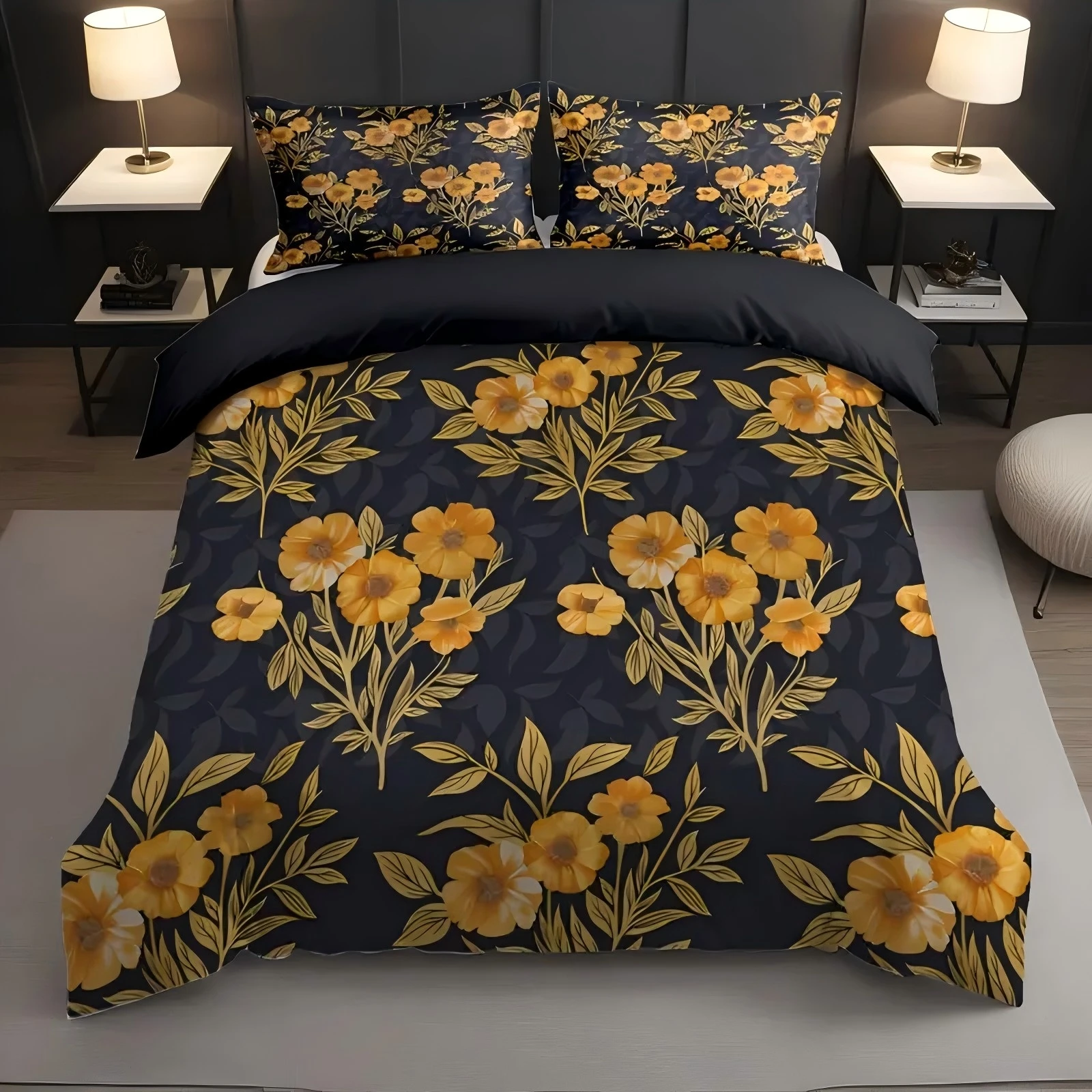 

Golden Tulips 3D Printed Quilt Cover Elegant Rustic Natural Style Polyester Duvet Cover Soft Comfortable Bedding Set Pillowcases