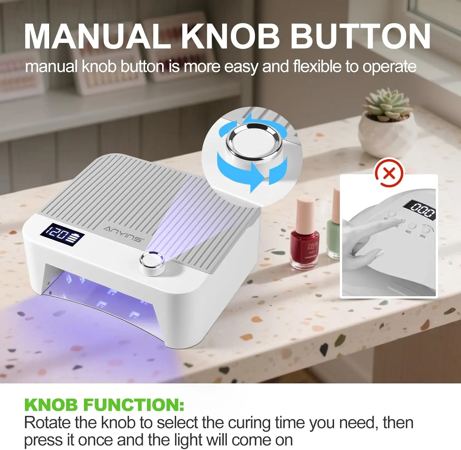 UV LED ネイルランプ 120W、ノブ付き高速硬化ジェルネイルドライヤー、コードレス、グレー
