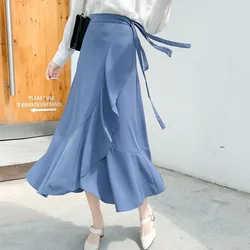 Elegant Fashion Ruffles Bandage Mermaid Skirt 2023 Summer New Office Lady Commute All-match High Waist Asymmetrical Midi Skirts