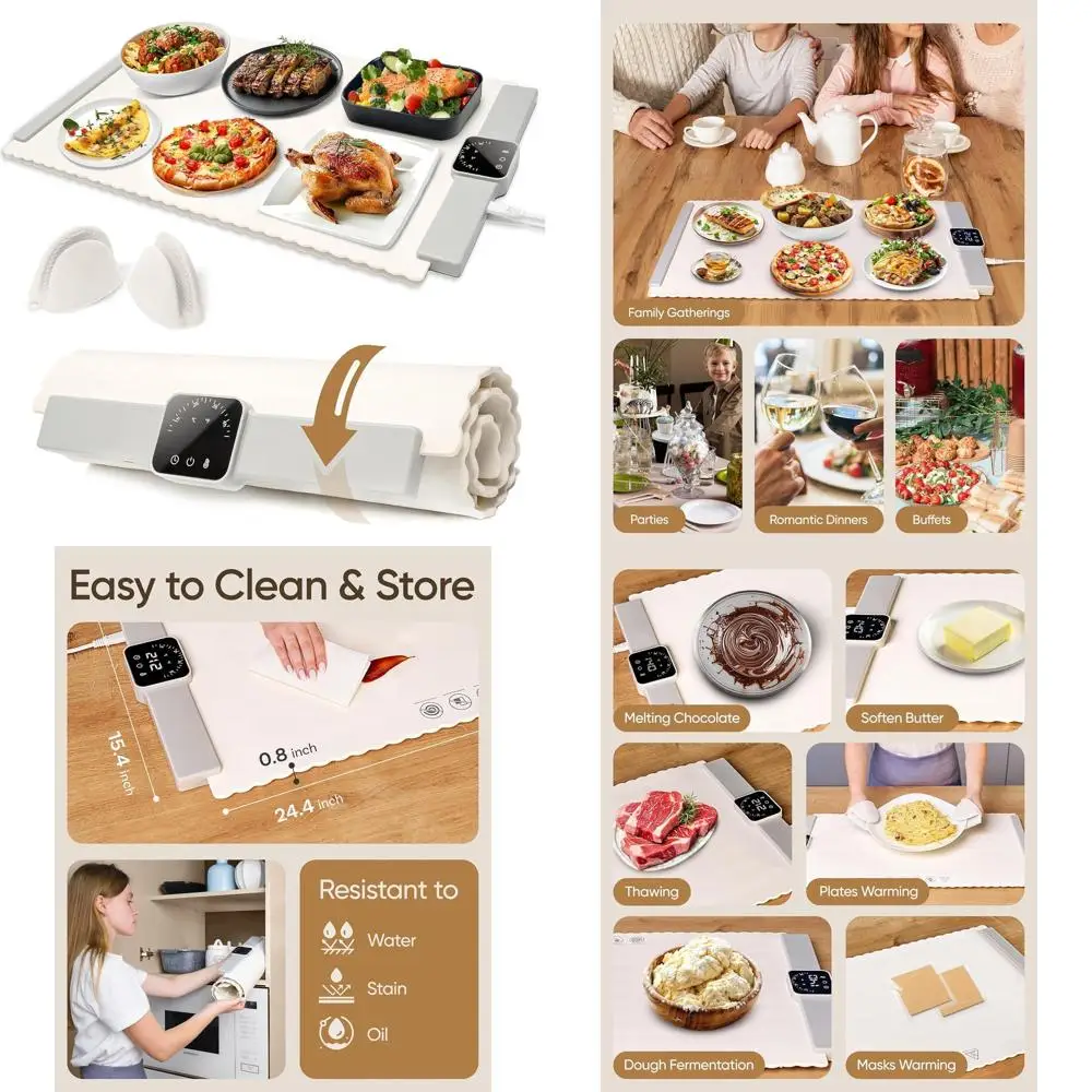 

Electric Silicone Food Warming Mat - 24x16 Foldable Buffet Tray with 5 Heat Settings and Auto Timer for Parties, Catering, Dinne