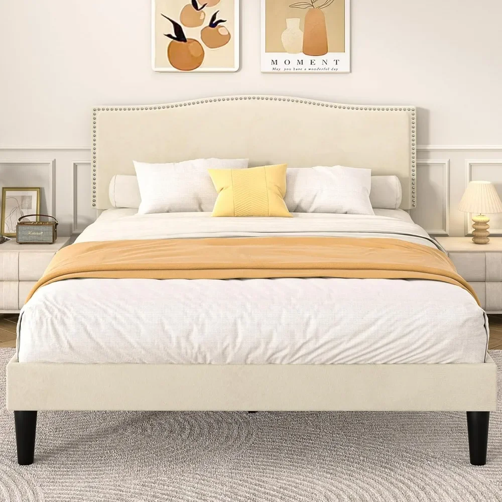 

bed.Full Bed Frame Platform Bed Frame with Upholstered Headboard, Strong Frame and Heavy-Duty Slats Support, Non-Slip and Noise