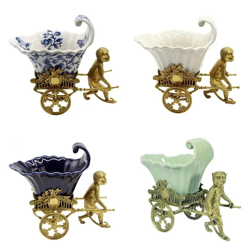 European Hand Painted Ceramic Monkey Cart Fruit Bowl Glazed Porcelain Sculpture Nautical Model Home Decoration