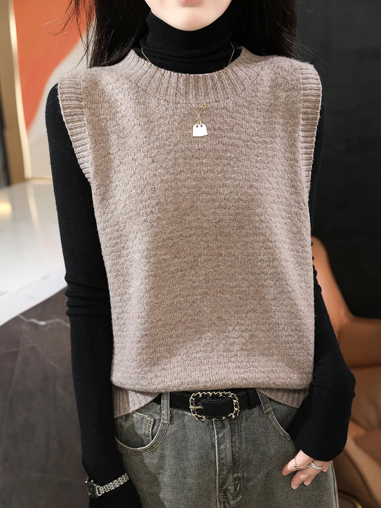 

Basics 100% Merino Wool Sweater Vest Autumn Winter Women O-Neck Gingham Sleeveless Knitted Pullover Casual Classic Cashmere Top