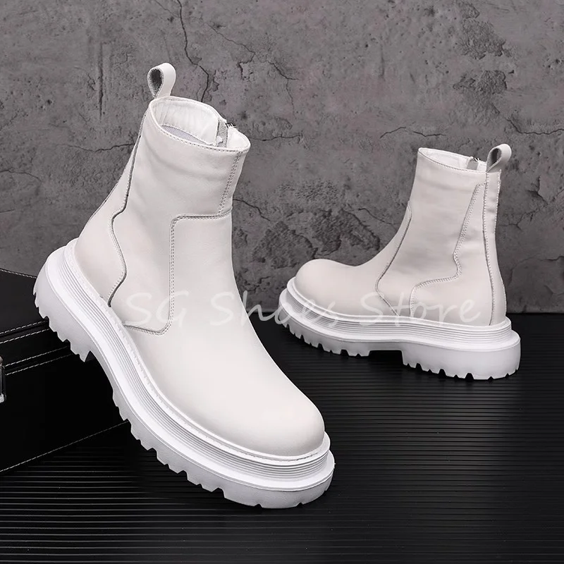 

British Style Chunky Bottom Anti-Slip Chelsea Boots for Men Round Toe Wedges Height Increasing Ankle Boots Male Leisure Shoes