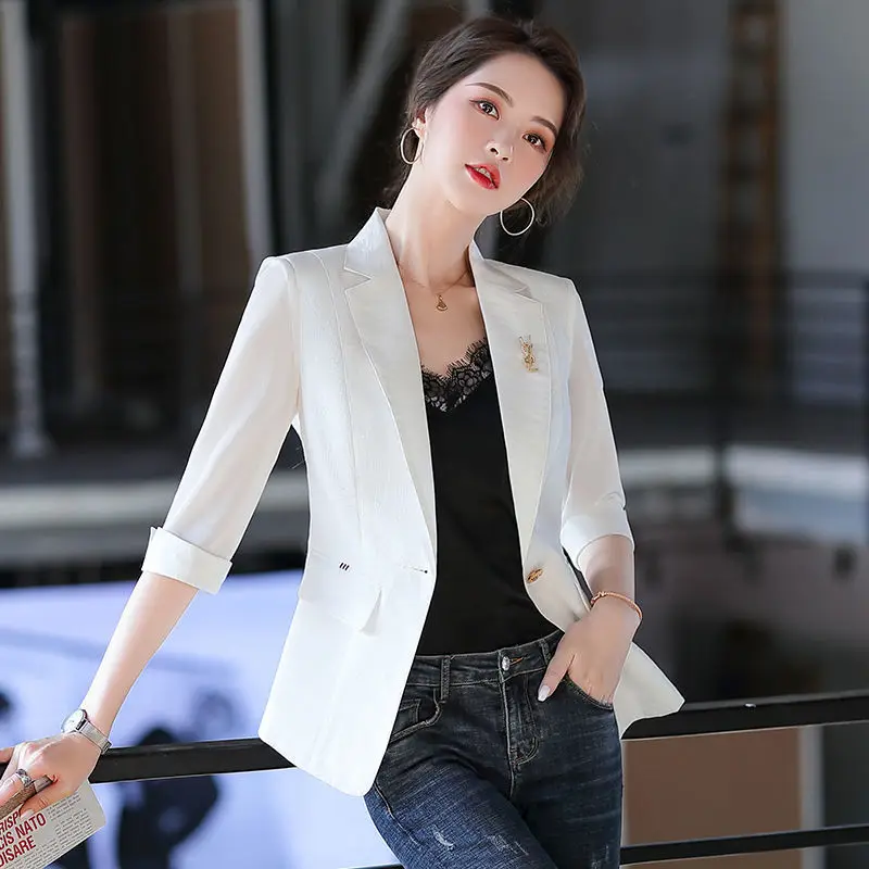 Thin Spring Summer Office Lady Fashion Notched Business Casual Pocket Solid Skinny Simple Three Quarter Sleeve Women\'s Clothing