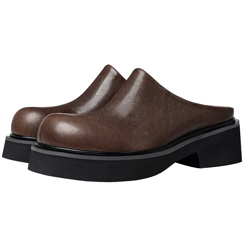 

6 Cm Height Mens Fashion Slippers Luxury Genuine Leather 2026 Summer New Round Toe Platform Outdoor Social Half Shoes Man