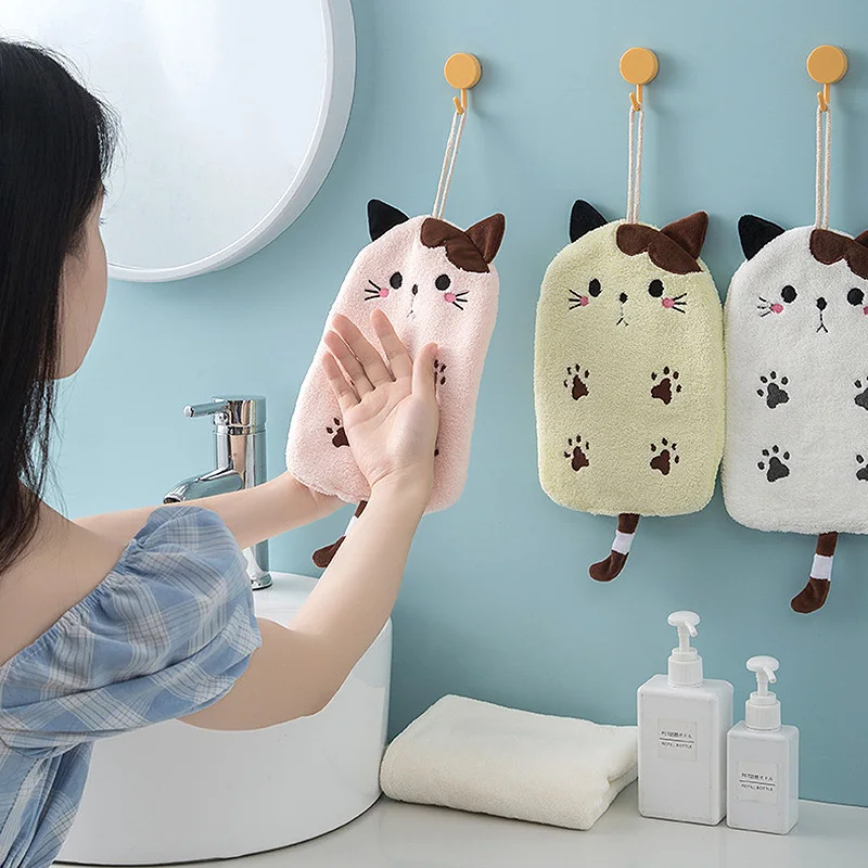 Cartoon Cat Hanging Towel Cute Kitten Hand Towels Coral Velvet Reusable Towels Multi-functional Soft Absorbent Cloth Rag