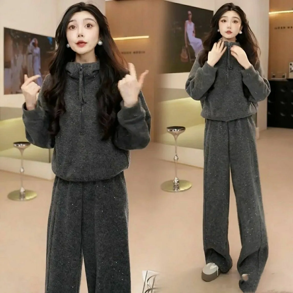 Shiny Casual 2026 Women's Fashion Set High Waist Wide Leg Pants Hooded Sweatshirt Zipper Two-Piece Set Breathable Lightweight...