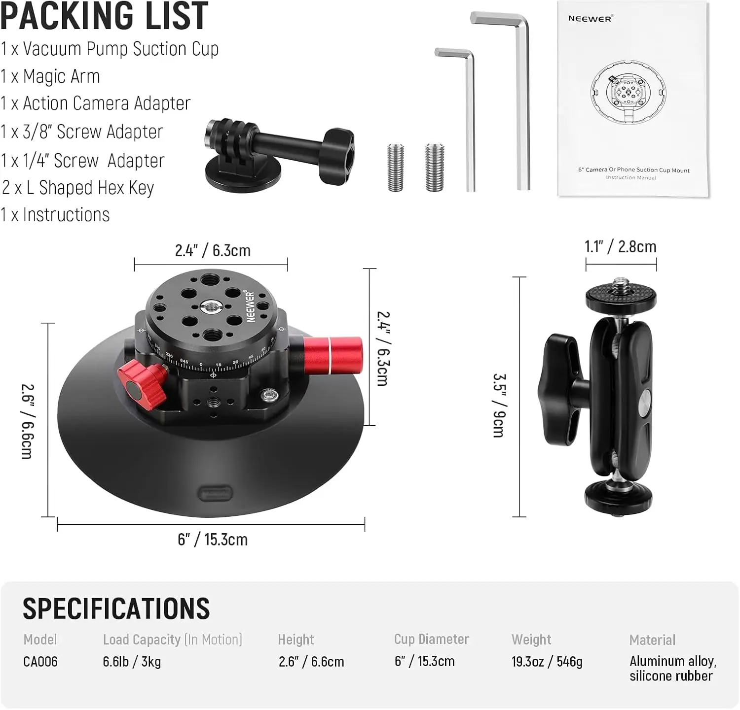 Neewer 6" Kamera-Saughalterung mit Kugelkopf, magischer Arm, Metall-Autohalterung für Kamera/Telefon, Luftpumpe, Vakuum-Saugnapf am Auto – Detail 3