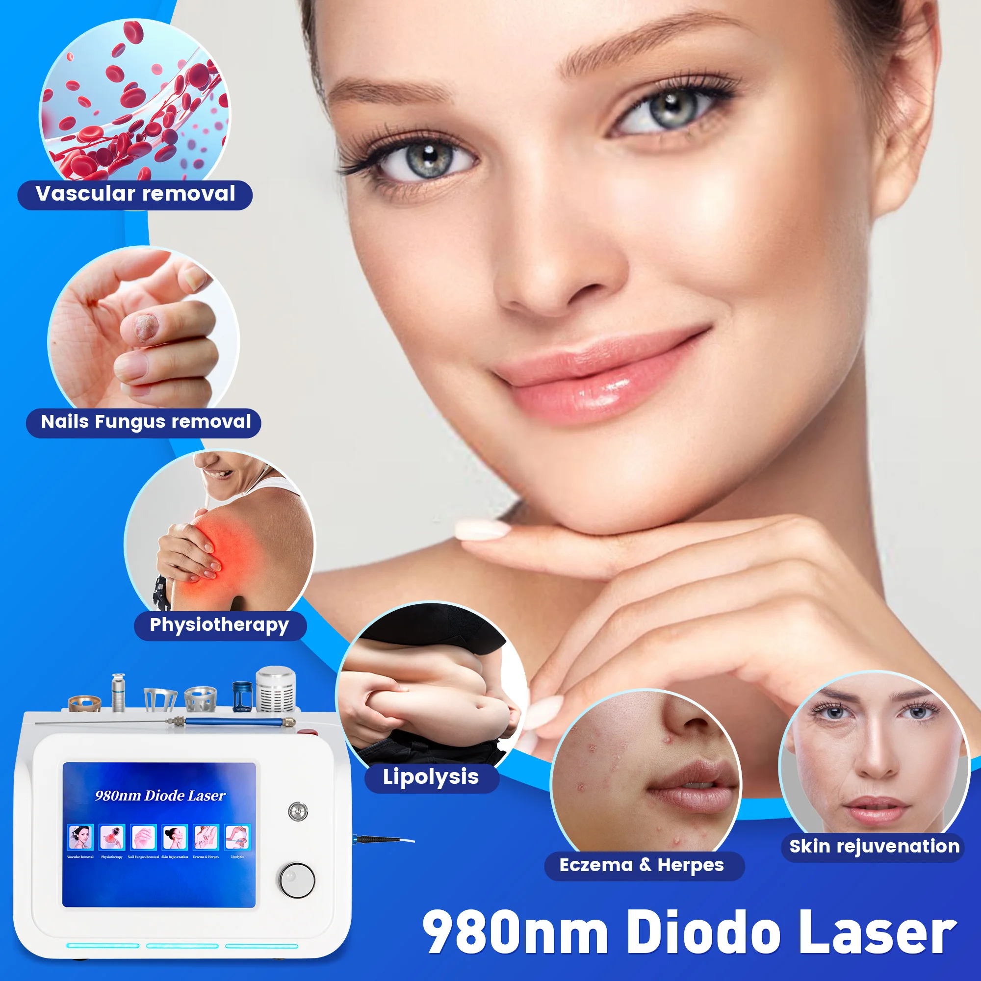 980nm 6 in 1 Diode Laser Beauty Machine Professional Salon Use for Vascular Care Nail Care and Skin Rejuvenation