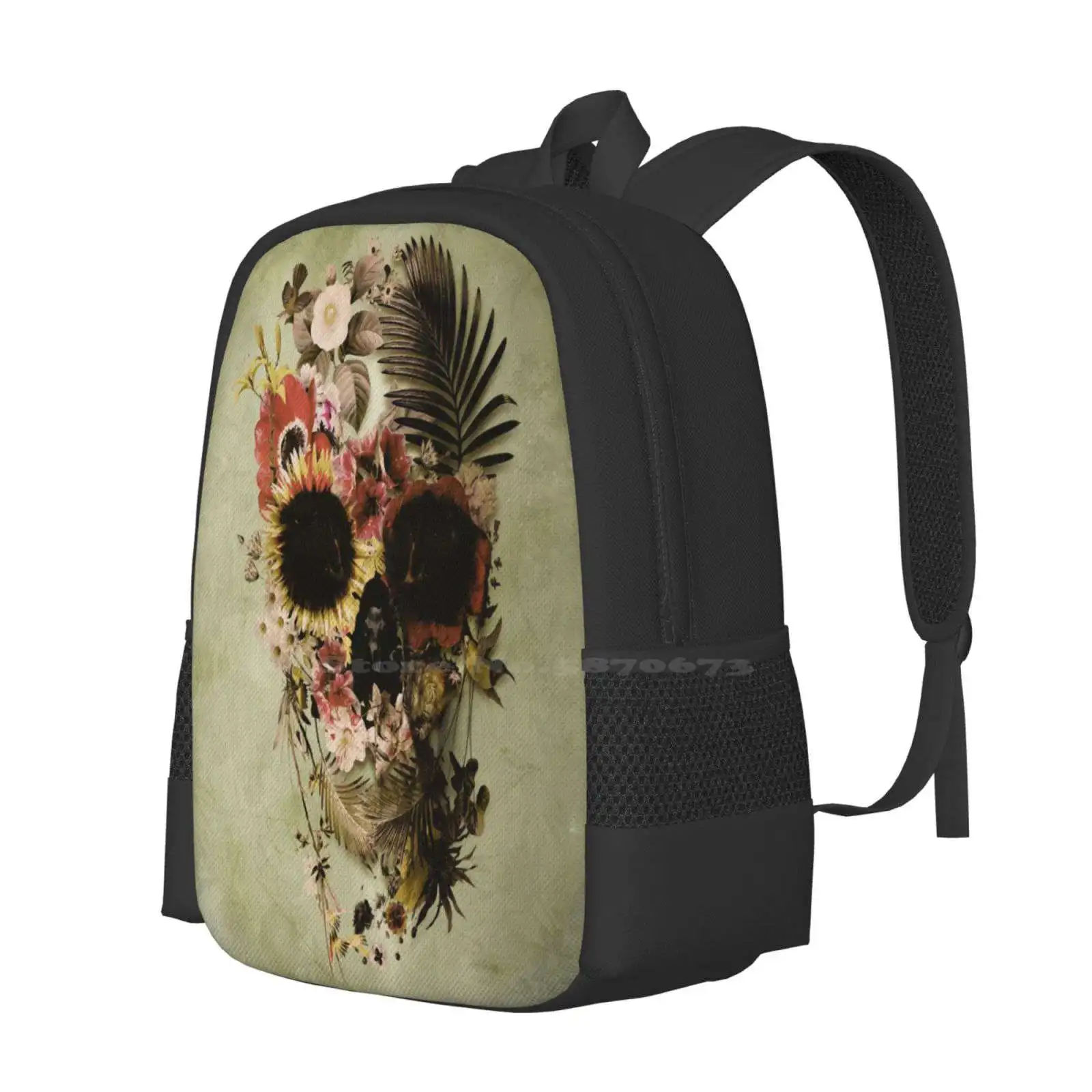 Garden Skull Light 3D Print Design Backpack Student Bag Garden Ali Gulec Nature Sugar Skull Boho Flower Skull Floral Skull