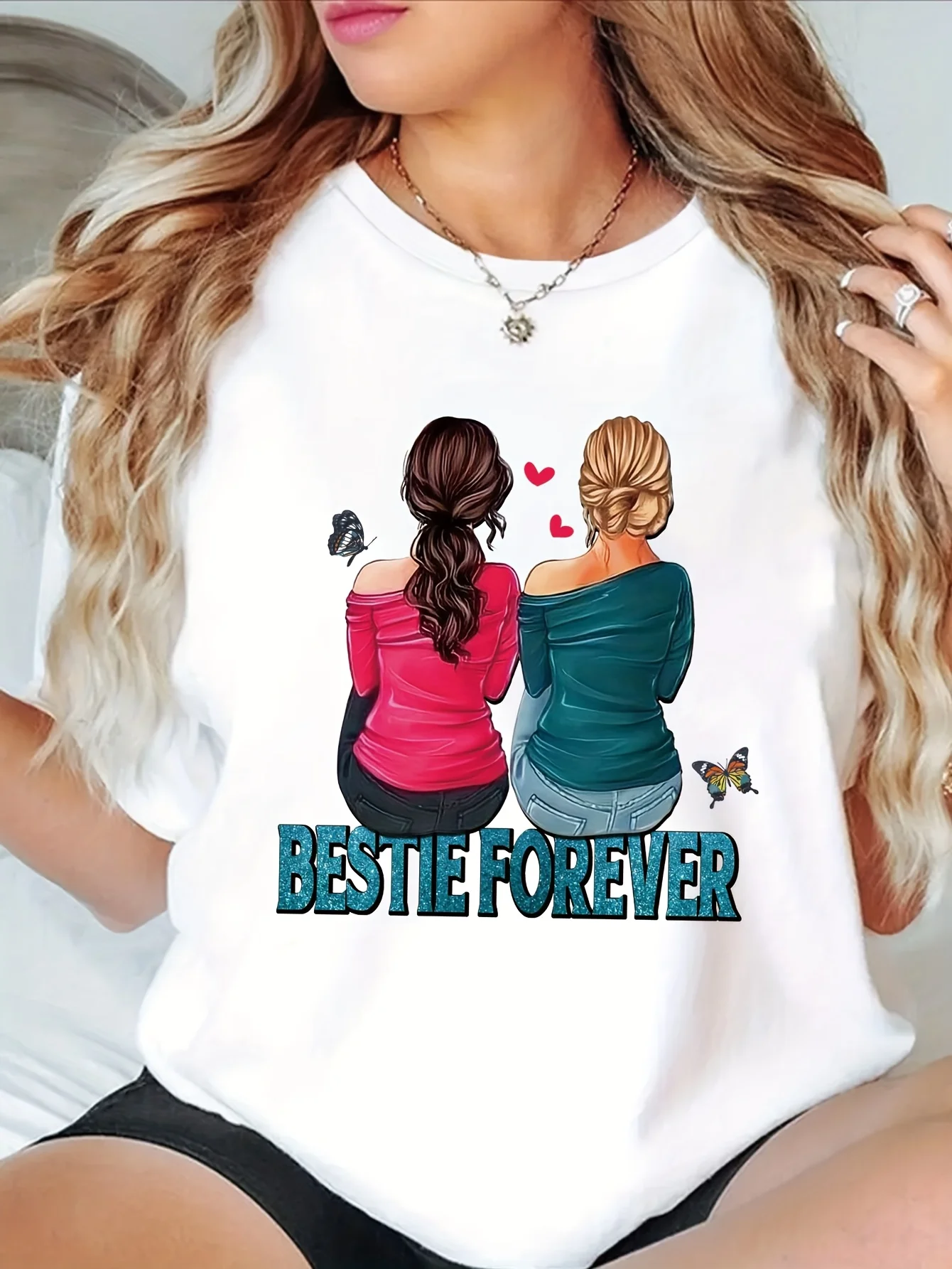 Bestie Forever Graphic Print Short Sleeve T-Shirt Summer Short Sleeved Harajuku Streetwear Tops Aesthetic Women's Casual Clothes