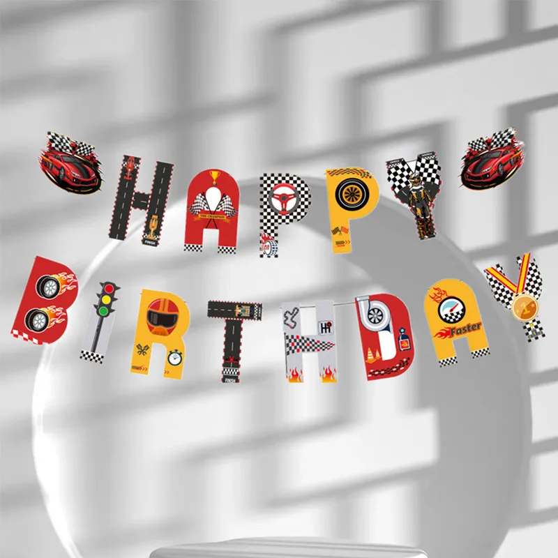 1Set Happy Birthday Banner Cartoon Car Airplane Fire Truck Racing Transporter Flags Decor For Boys Kids Party Decoration