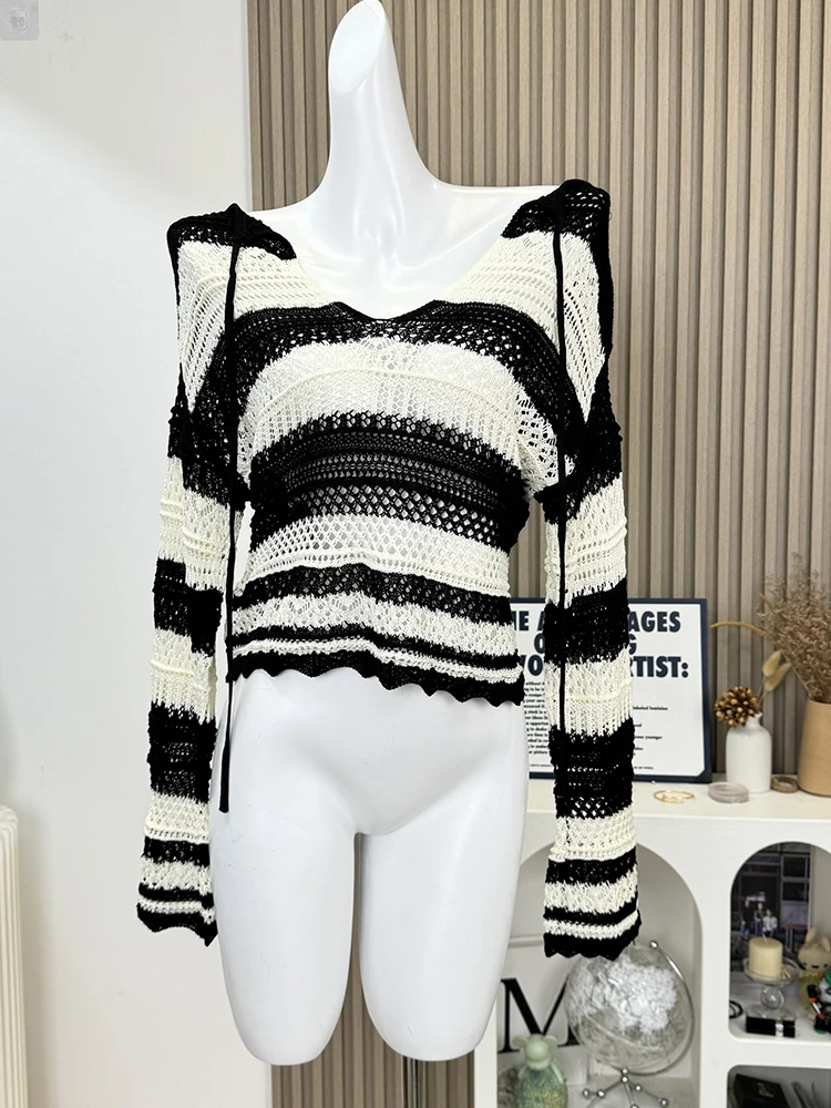 Autumn Winter Woman Vintage Hollow Out Y2k Cardigan Sweater Long Sleeve Striped Knitwears Crochet Top Chic Designer Pullovers