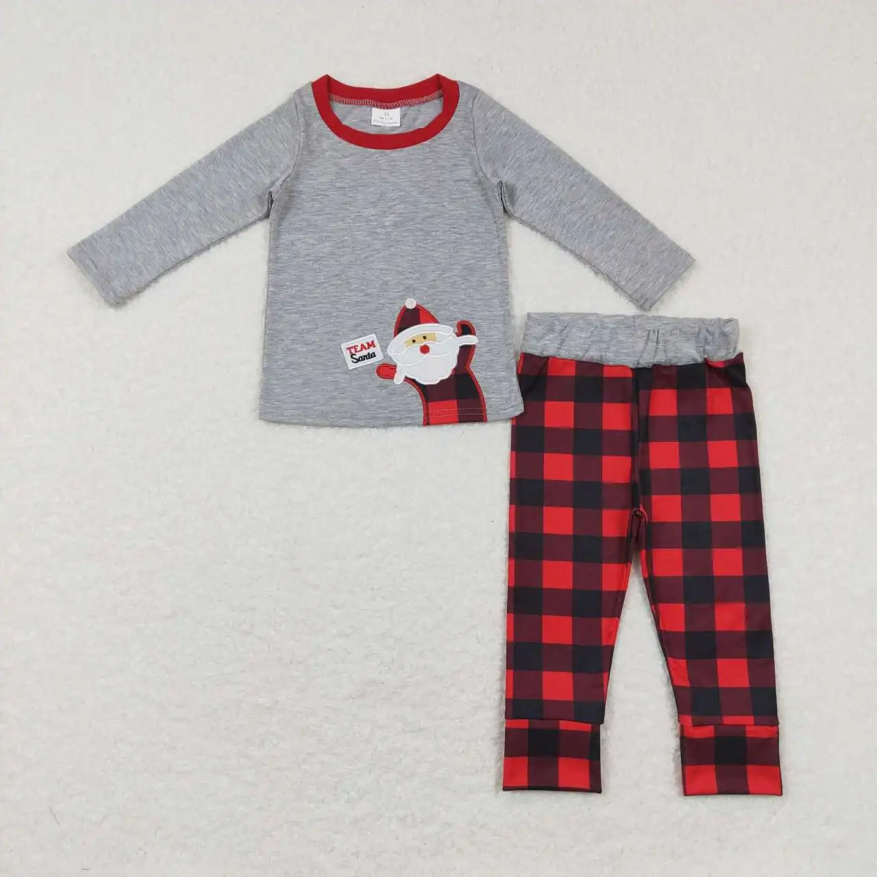 

wholesale hot sale kids baby boys clothes Embroidered Christmas Santa Claus grey long sleeve red and black checked pantsuit