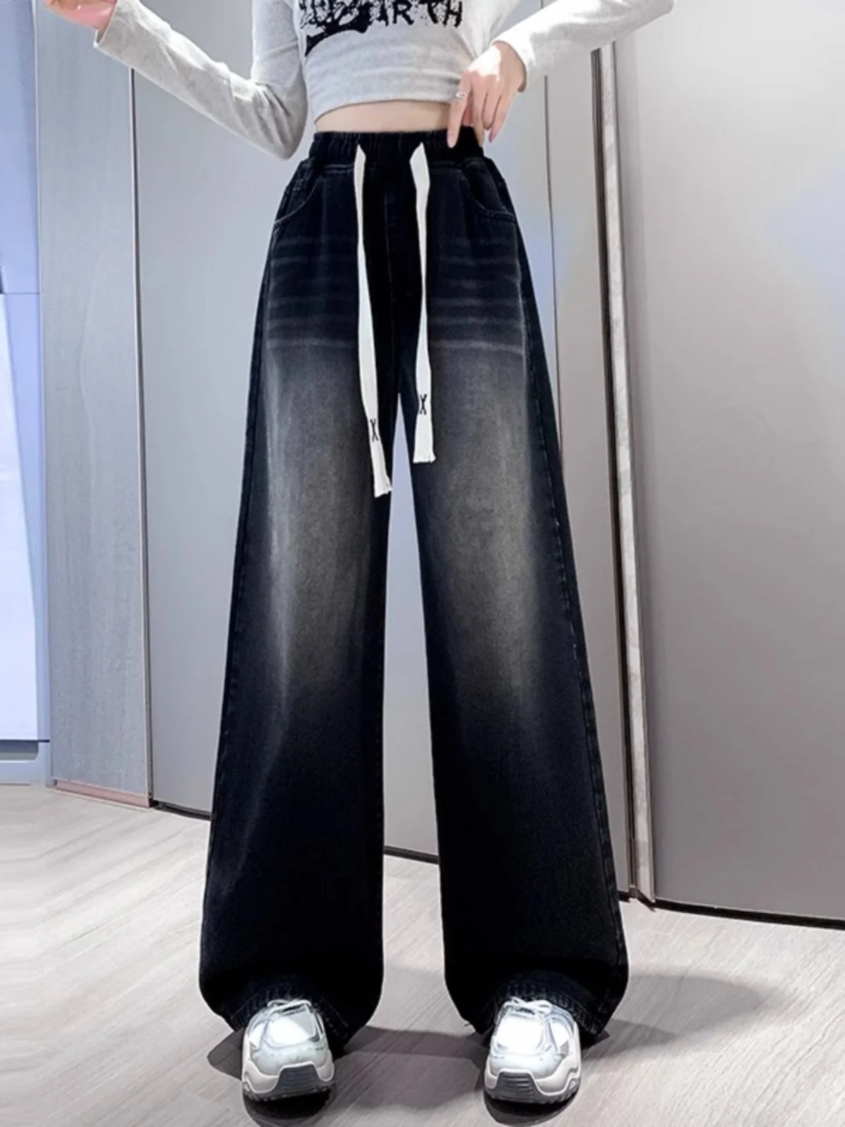 Fall American Wide Leg Denim Jeans Women's plus Size Elastic Waist 2024 New High Waist Black Slim Straight Floor-Length Pants
