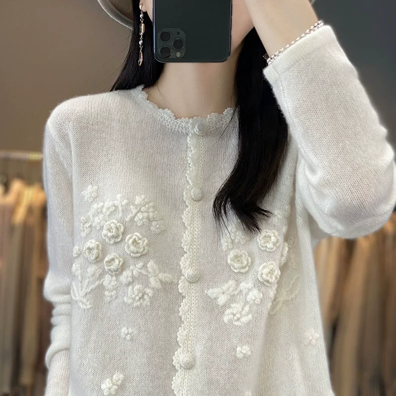 Spring Autumn Knitted Cardigans Cashmere Women Sweater Jackets Crochet 3D Floral O-neck New Arrival Knitwear Soft Wool Coat X257