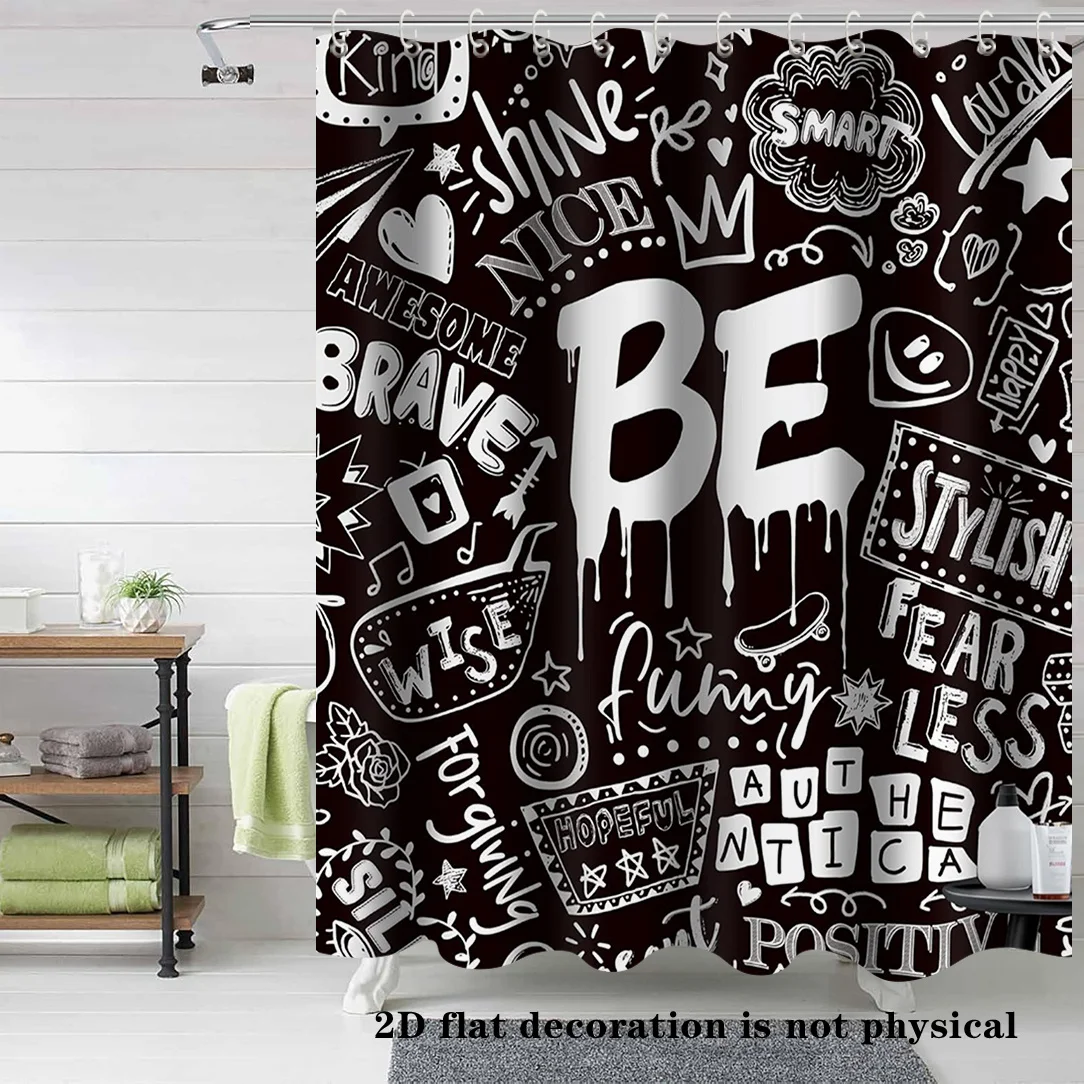 Colorful Graffiti BE Positive Shower Curtain Motivational Quote Doodle Print Waterproof Bathroom Decor Teen Kids Home BathScreen