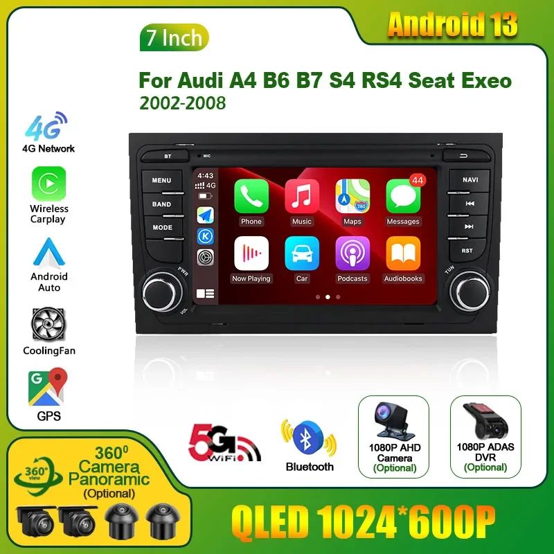 Reproductor Multimedia con Android 12 y navegación GPS para Audi, Radio estéreo con pantalla táctil, Carplay inalámbrico, 2 Din, para Audi A4, B6, B7, S4, RS4, Seat Exeo, años 2002 a 2008