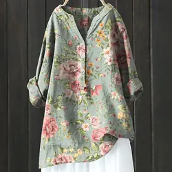 Vintage Floral Art Print Linen Shirts New Summer Women Casual Trendy V Neck Dressy Blouses Long Sleeve Button Tunic Long Tops