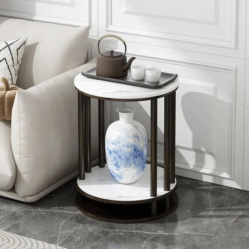 Rock slab pattern solid wood coffee table light luxury round small apartment living room sofa side kettle integrated balcony tea