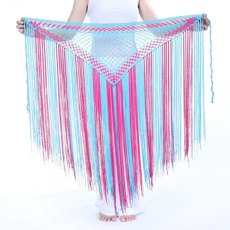 إكسسوارات ملابس الرقص الشرقي ، نمط الأرجنتين ، حزام مثلث شرابة طويلة ، كروشيه اليد ، وشاح الورك الملون