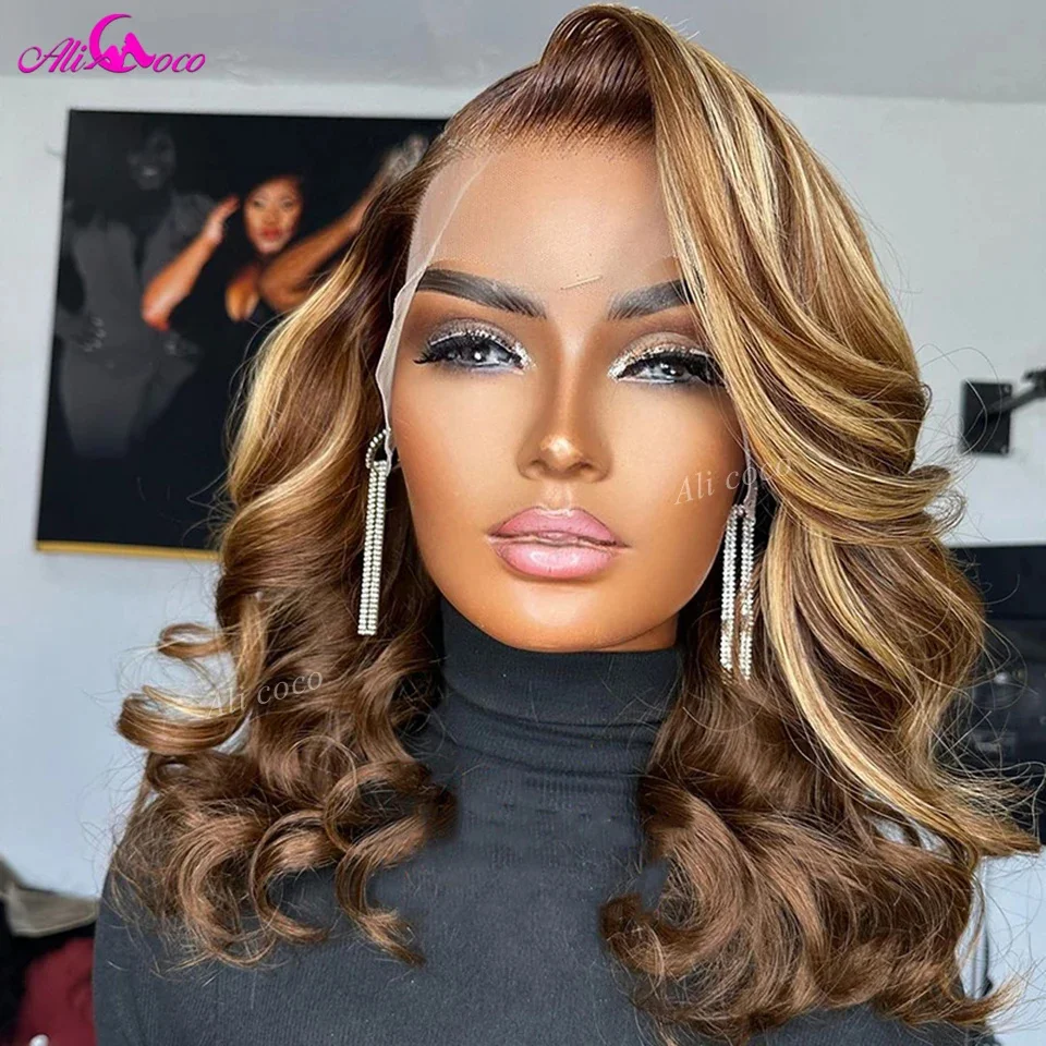 

180 Density Highlight Honey Blonde Brown Bob Body Wave Wig Human Hair P4 27 13x4 Lace Frontal Human Hair Bob Wig For Woman